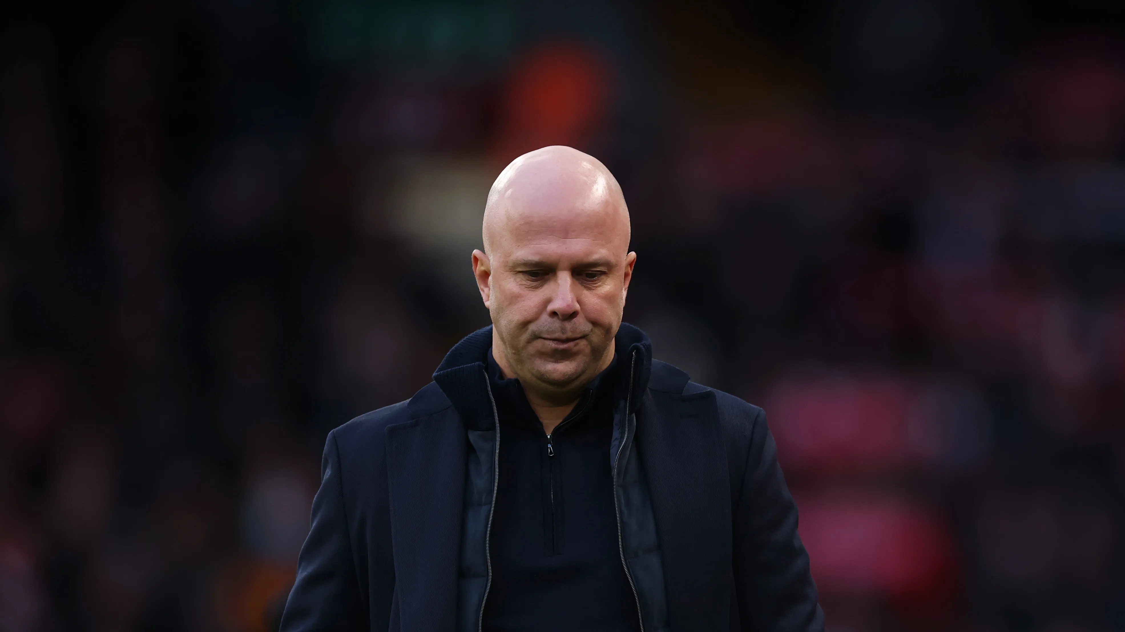 Liverpool manager Arne Slot appears troubled during PSG Champions League quarter-final match at Parc des Princes