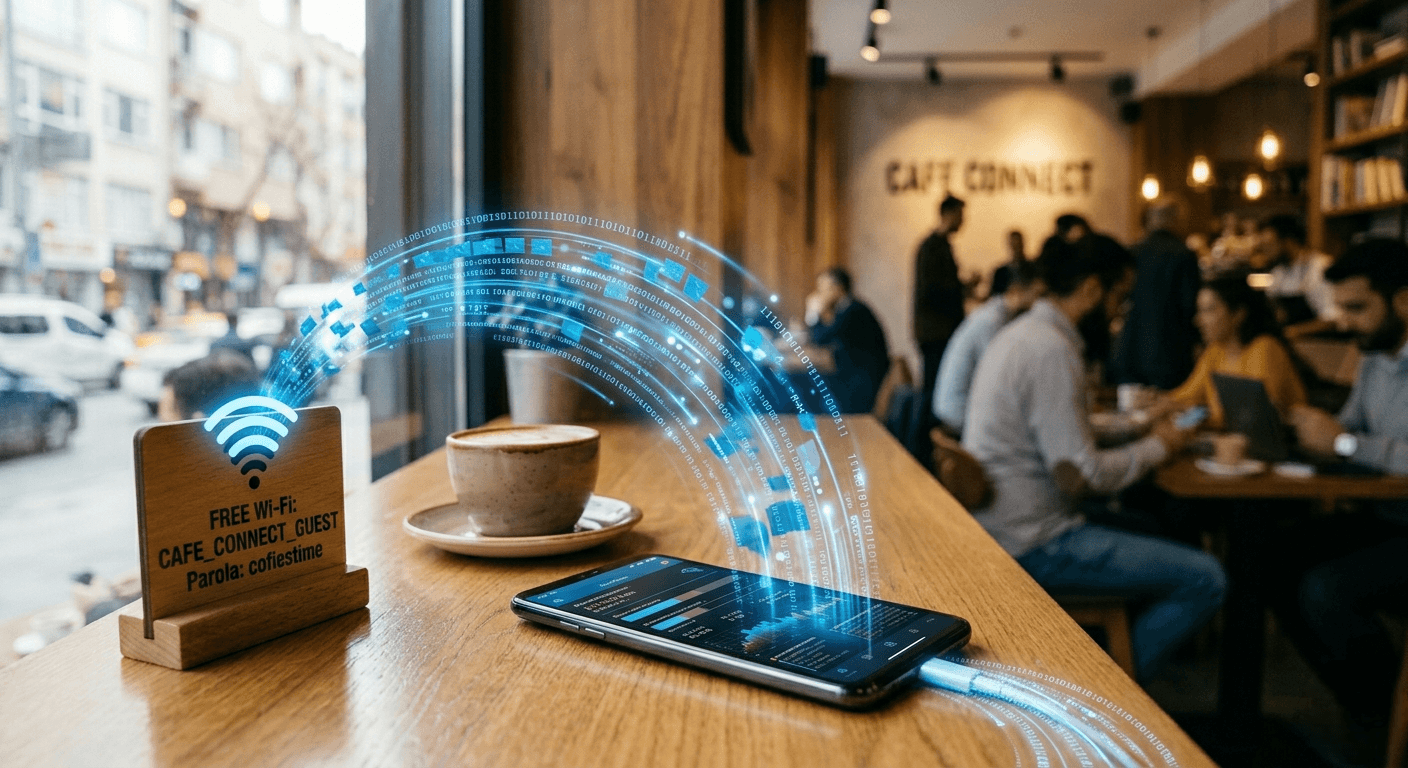 Hacker intercepting data from public WiFi network on laptop in coffee shop