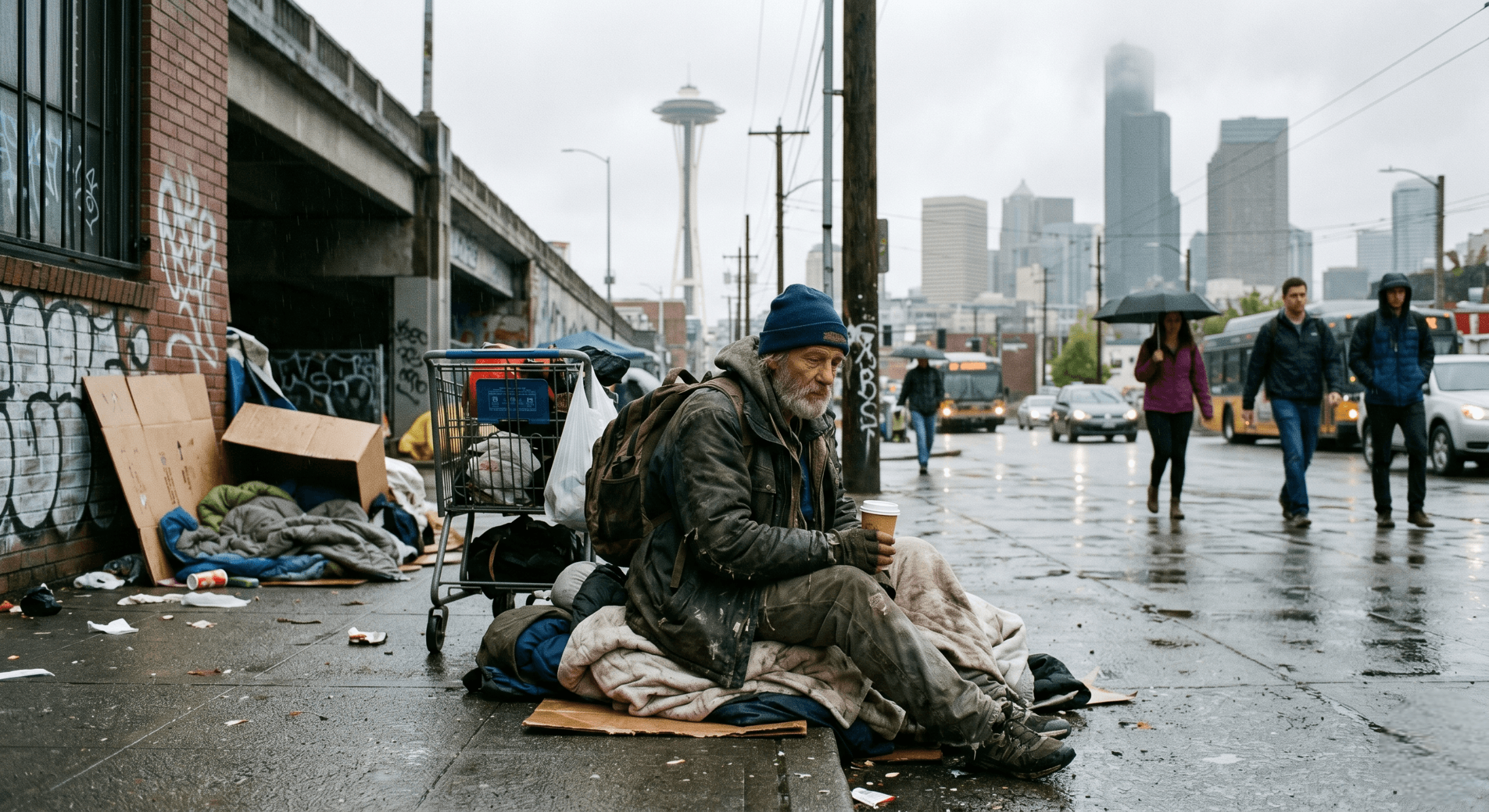 Seattle skyline with text showing rental price crisis and median rent of $2,026